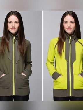 Lululemon Reversible Knit Jacket - Rare - Thumbholes Green & Yellow Size 4 EUC